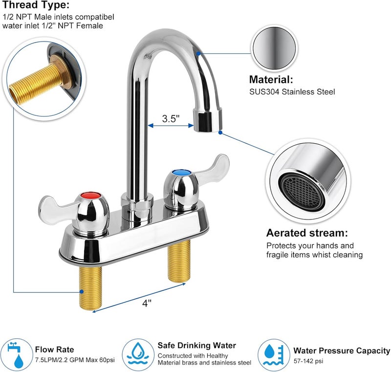 KWODE 4" Center Commercial Bar Sink Faucet, 2-Hole Deck Mount Utility Sink Faucet with 3-1/2" Gooseneck Swivel Spout & Dual Lever Handles for Laundry Tub RV Bar Sink, Brass Constructed, Chrome - Image 4